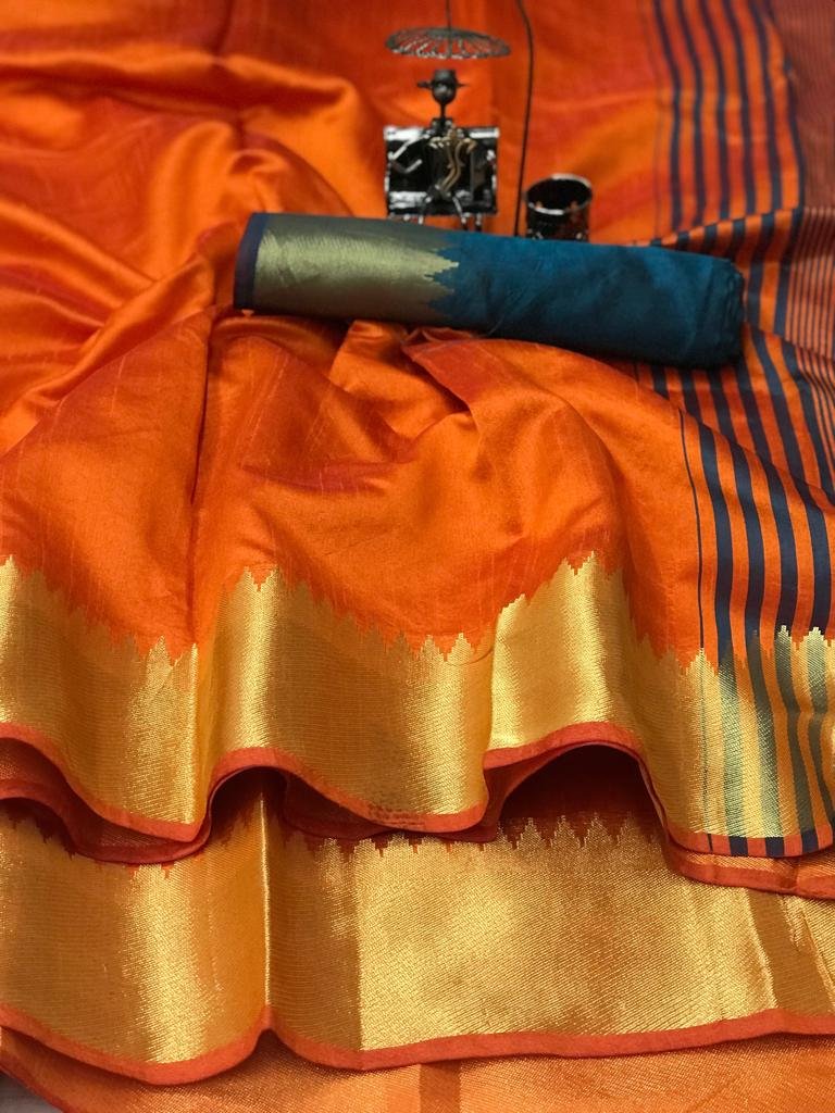 Golden Temple Border Raw Silk Saree - Image 3