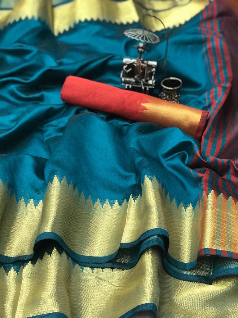 Golden Temple Border Raw Silk Saree - Image 1