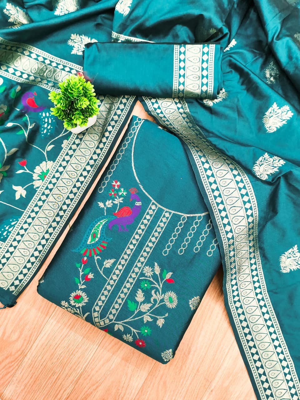 Premium Peacock Paithani Silk Dress Material - Image 1