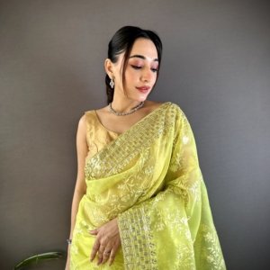 Golden Foil Organza Silk Saree