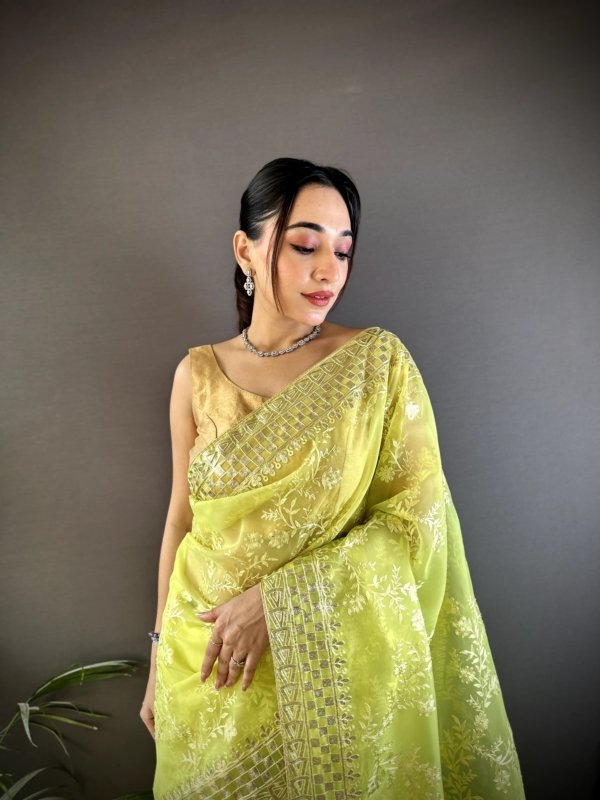 Golden Foil Organza Silk Saree