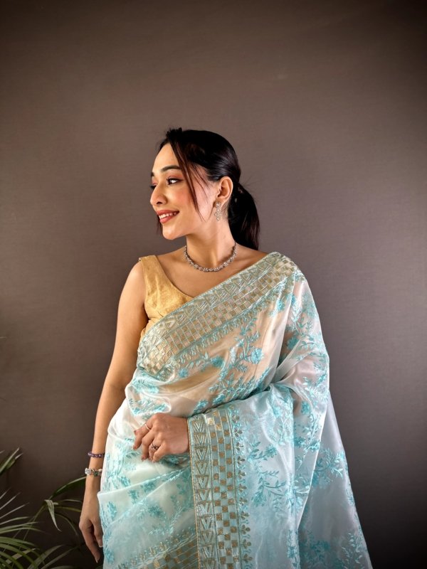 Golden Foil Organza Silk Saree