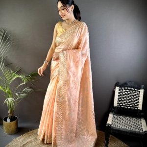 Golden Foil Organza Silk Saree - Image 2