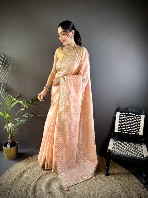 Golden Foil Organza Silk Saree