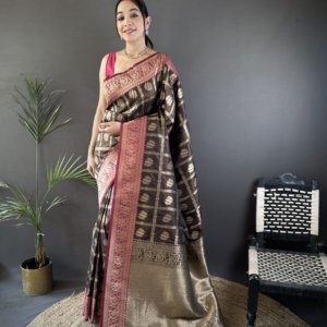 Majestic Gold Zari Lichi Silk Saree