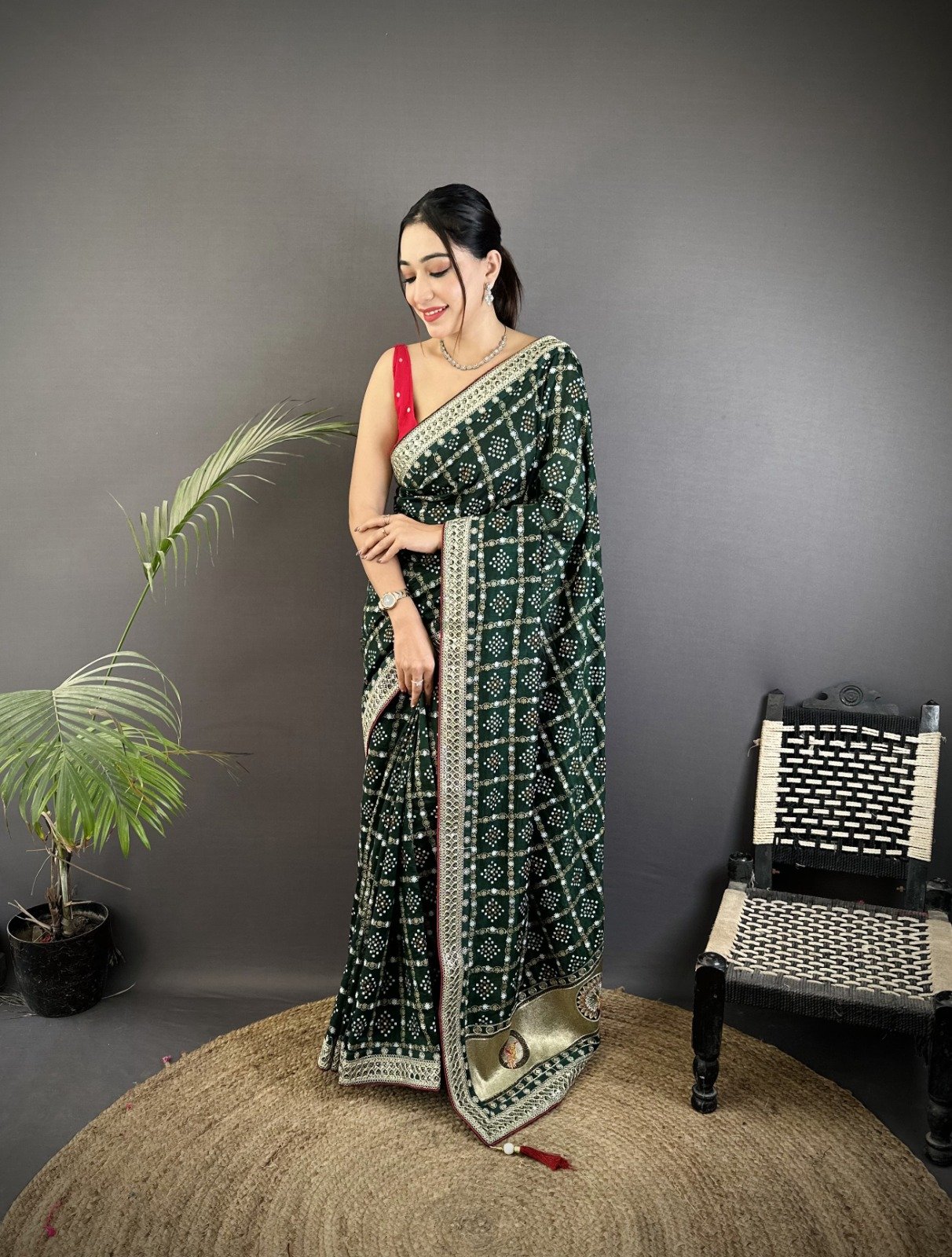 Sequin Bandhej Vichitra Silk Saree - Image 1