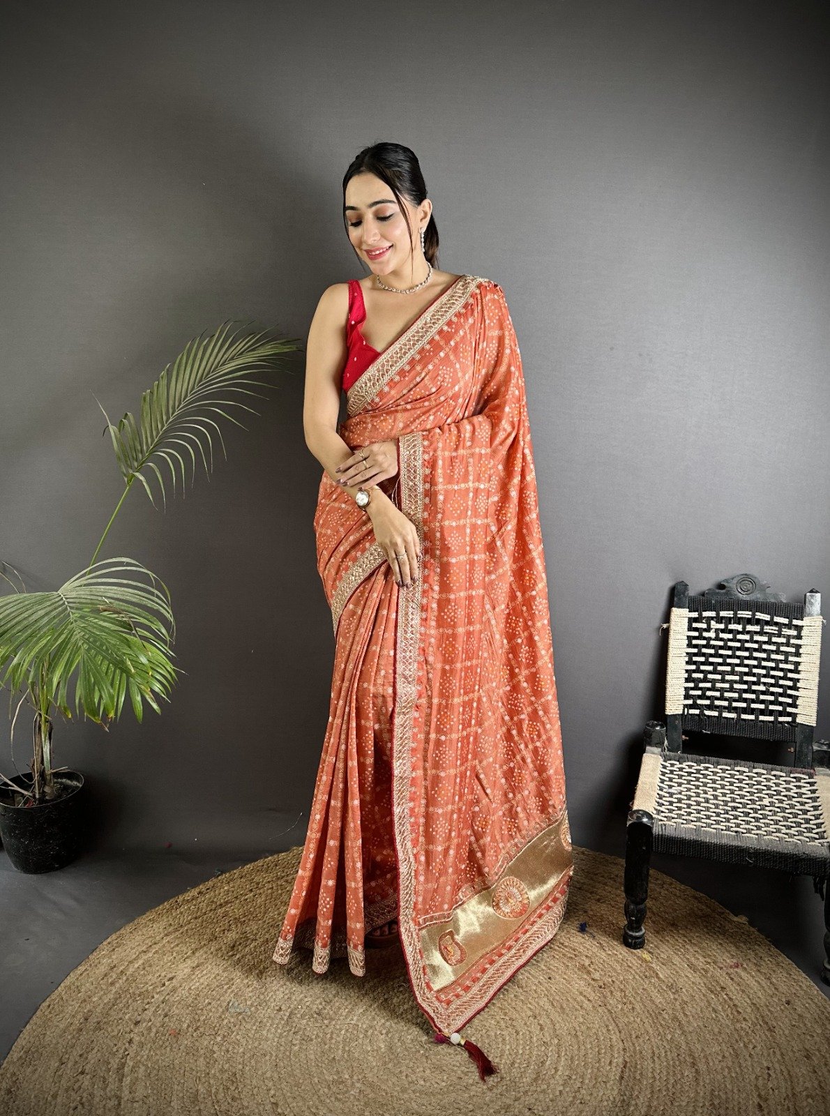 Sequin Bandhej Vichitra Silk Saree - Image 1