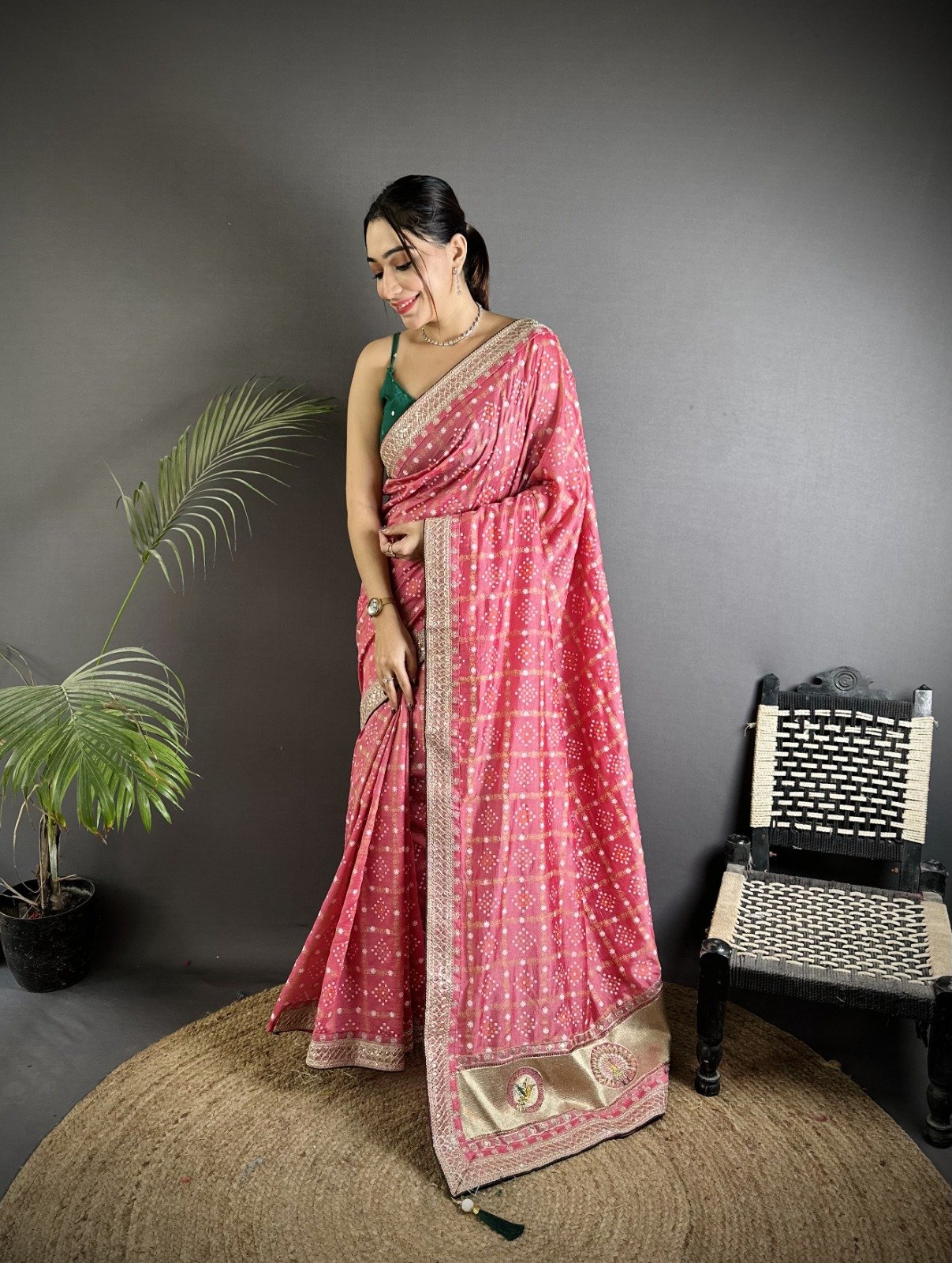 Sequin Bandhej Vichitra Silk Saree - Image 1