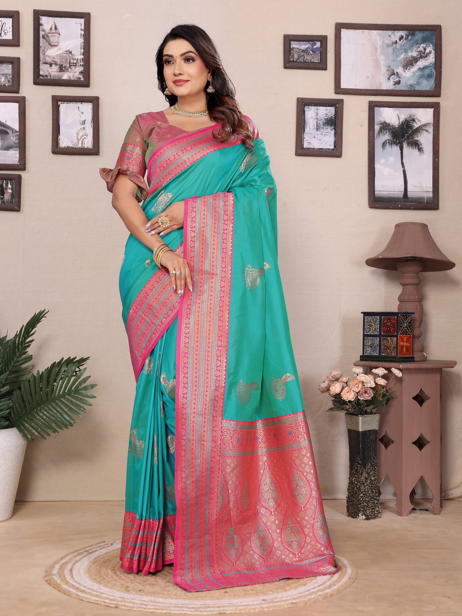 Golden Peacock Banarasi Silk Saree - Image 1