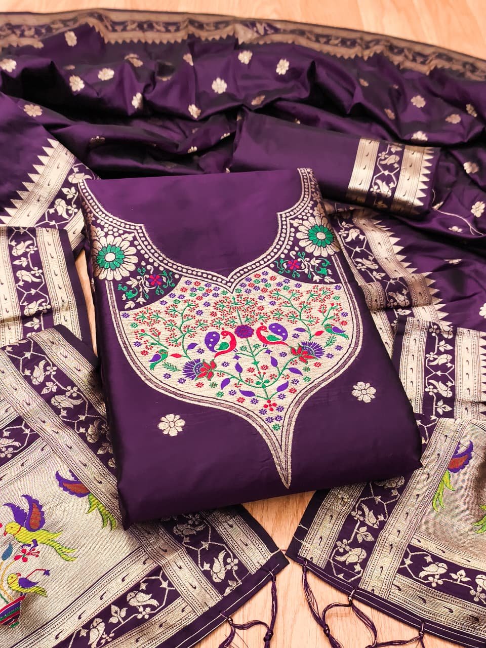 Paithani Royale Unstitched Silk Suit Set - Image 12