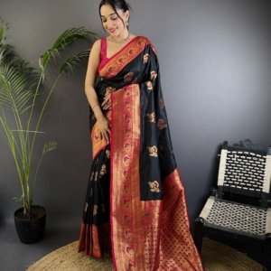 Royal Peacock Zari Banarasi Silk Saree - Image 2