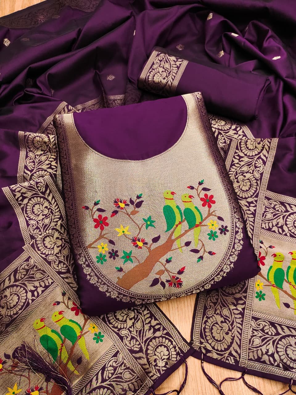 Paithani Royale Unstitched Silk Suit Set - Image 1