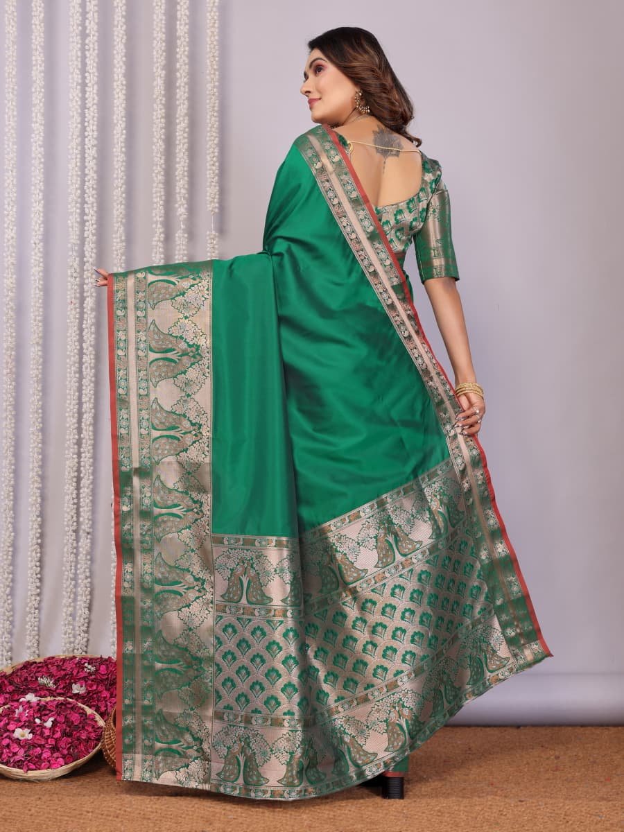 Peacock Triple Zari Silk Saree - Image 1