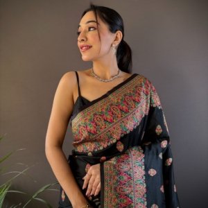 Black Meena Pashmina Silk Saree