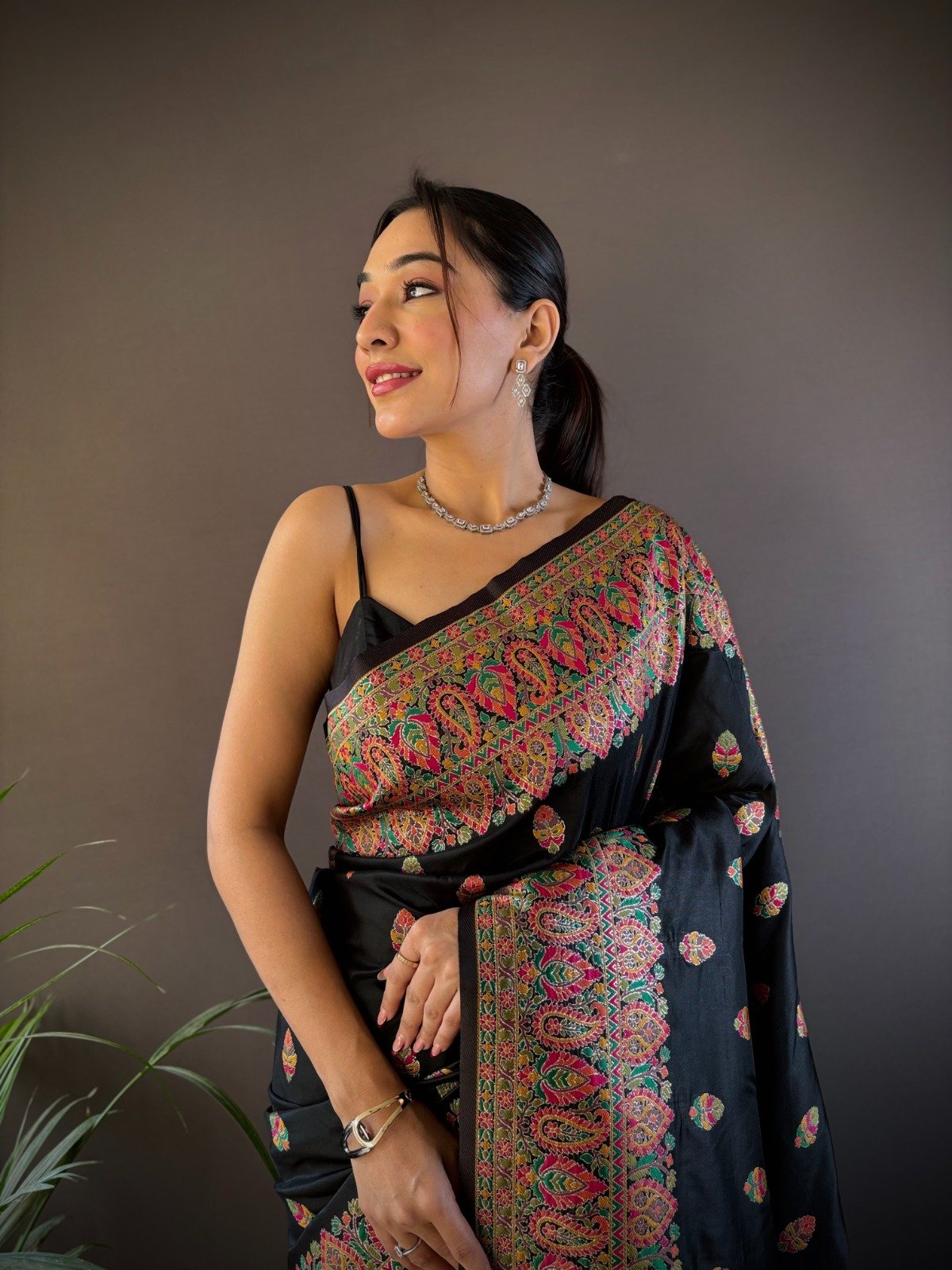 Black Meena Pashmina Silk Saree - Image 1