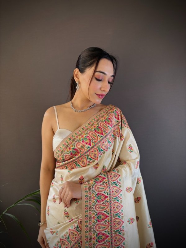 White Meena Pashmina Silk Saree