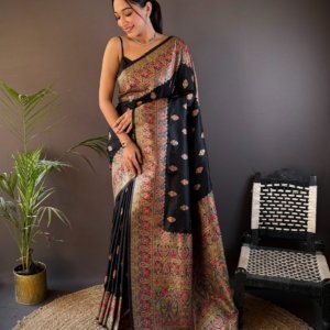 Black Meena Pashmina Silk Saree - Image 2