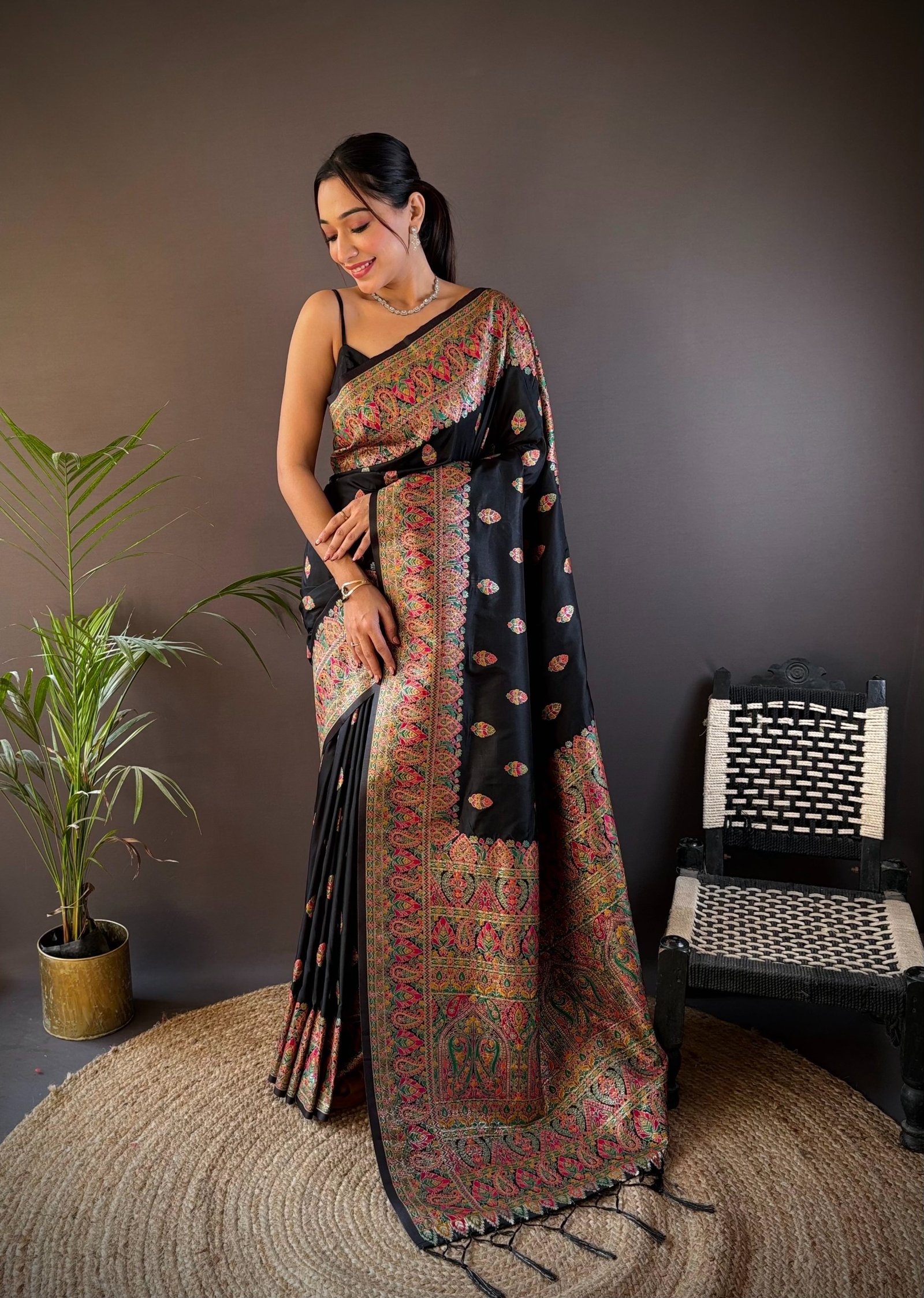 Black Meena Pashmina Silk Saree - Image 2