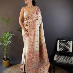 White Meena Pashmina Silk Saree