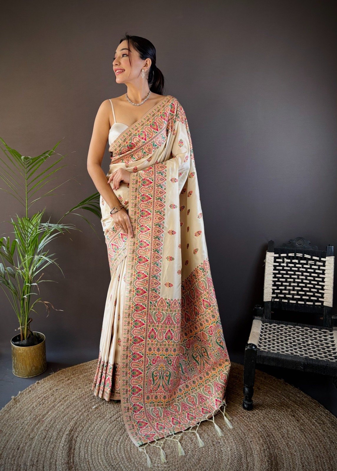 White Meena Pashmina Silk Saree - Image 1
