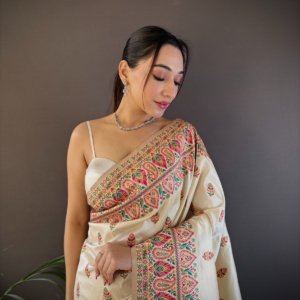White Meena Pashmina Silk Saree - Image 3