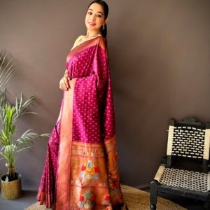 Copper Zari Paithani Lichi Silk Saree - Image 4