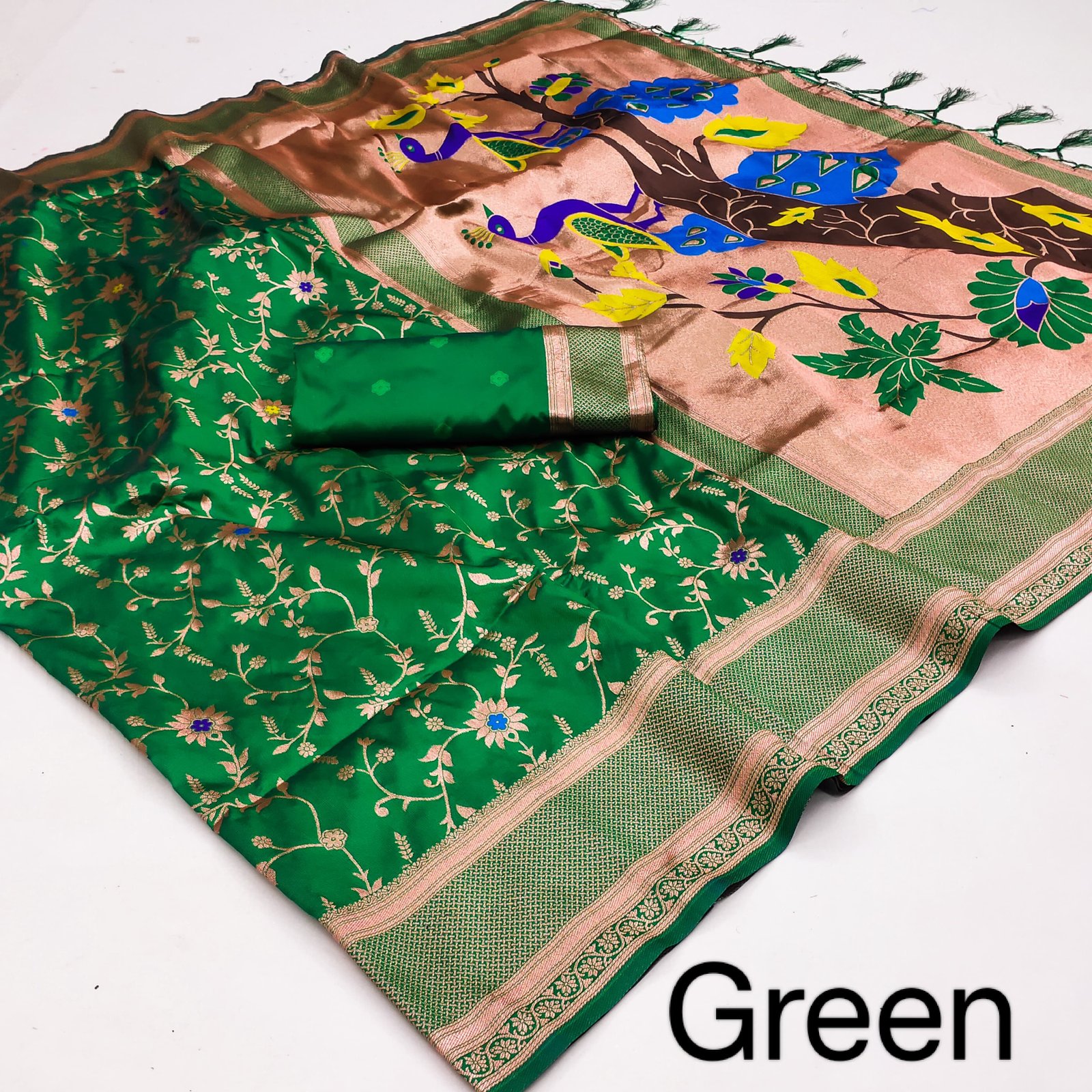 Fighter Twin Parrot Paithani Silk Saree - Image 3