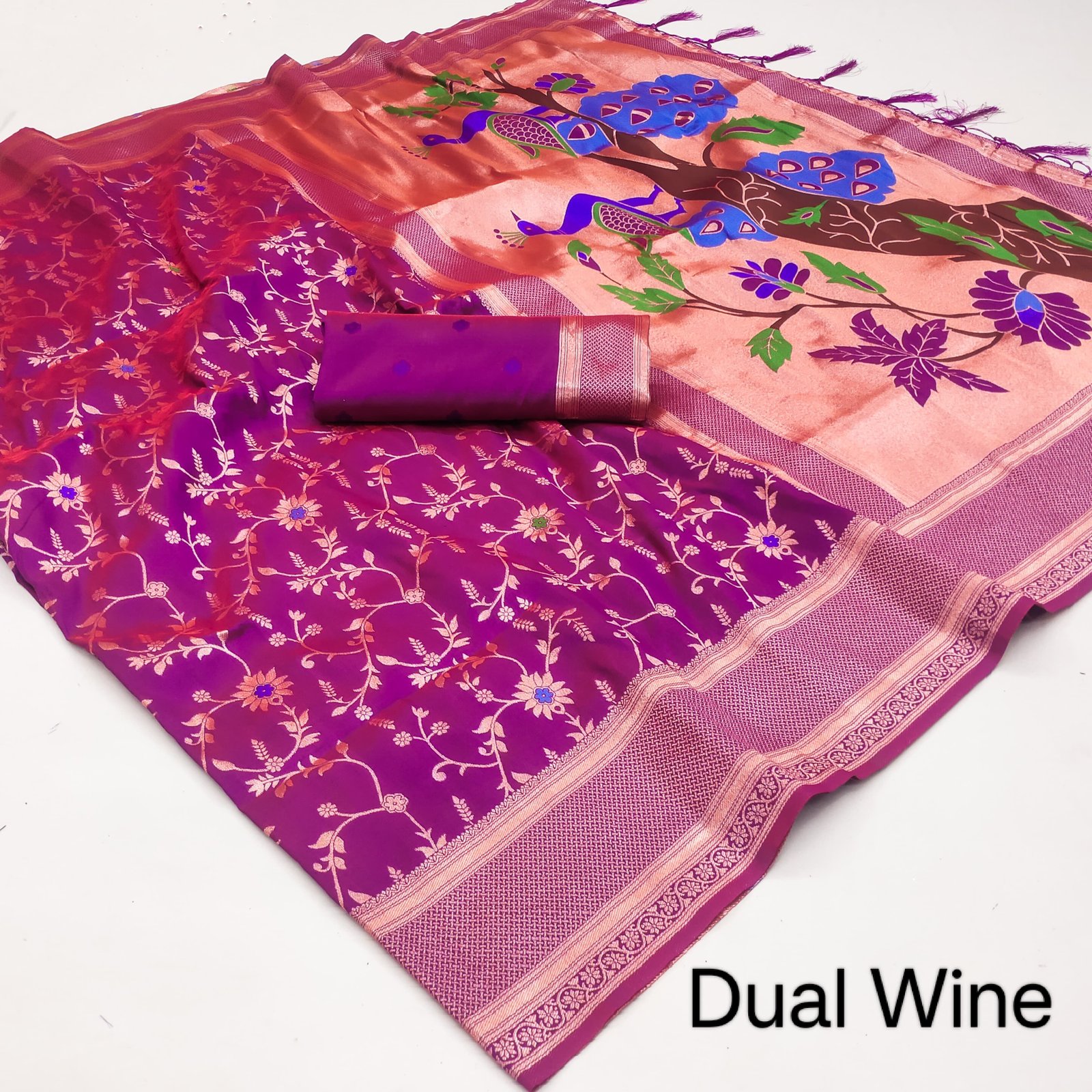 Fighter Twin Parrot Paithani Silk Saree - Image 2