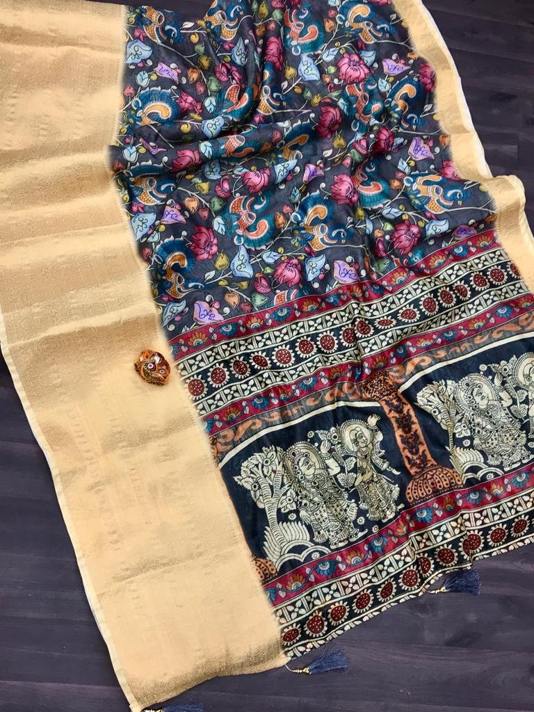 Kalamkari Jacquard Lichi Silk Saree - Image 1