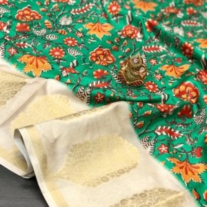 Kalamkari Jacquard Lichi Silk Saree - Image 3