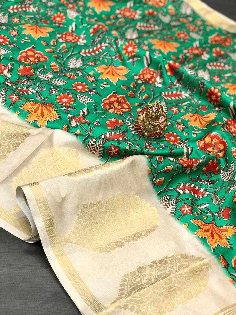 Kalamkari Jacquard Lichi Silk Saree - Image 3