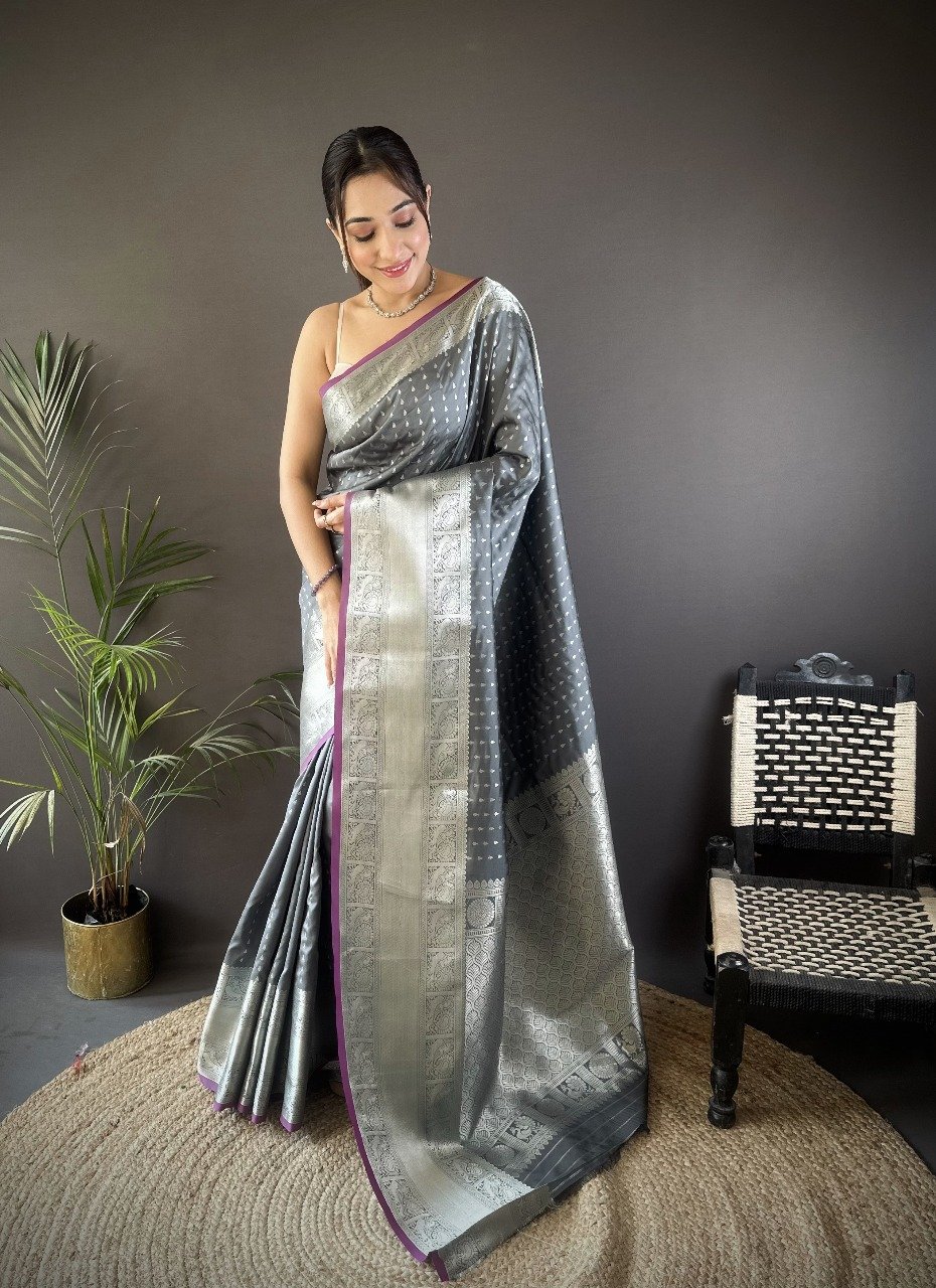 Premium Banarasi Silver Zari Silk Saree - Image 1